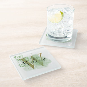 Personalized Green Watercolor & Floral Initial Glass Coaster