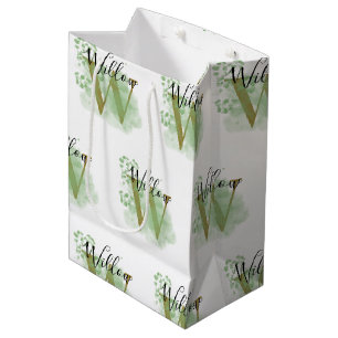 Personalized Green Watercolor & Floral Initial Medium Gift Bag