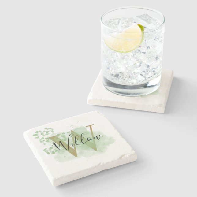 Personalized Green Watercolor & Floral Initial Stone Coaster (Side)