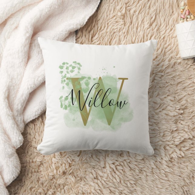 Personalized Green Watercolor & Floral Initial  Throw Pillow (Blanket)