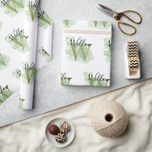Personalized Green Watercolor & Floral Initial Wrapping Paper