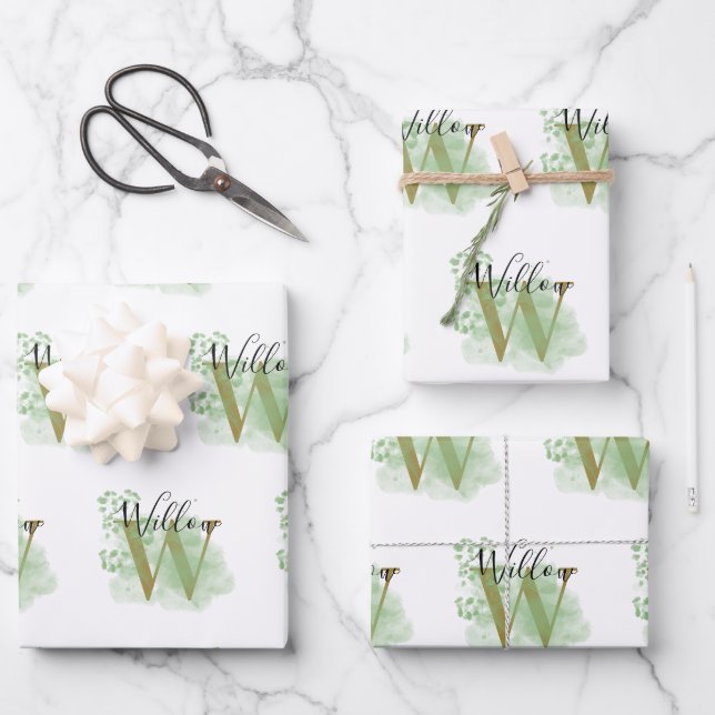 Personalized Green Watercolor & Floral Initial Wrapping Paper Sheets (Front)