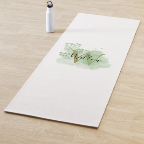 Personalized Green Watercolor  Floral Initial Yoga Mat