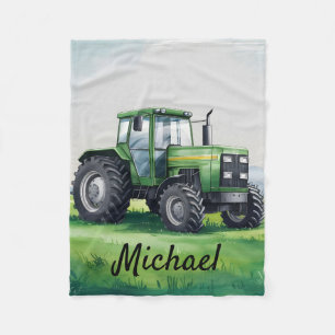 Personalized Green Watercolor Tractor Fleece Blanket