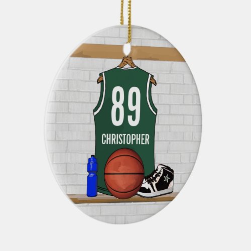 Personalized Green White Basketball Jersey Ceramic Ornament