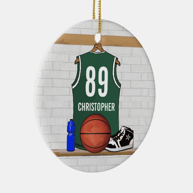 Personalized Green White Basketball Jersey Ceramic Ornament (Right)