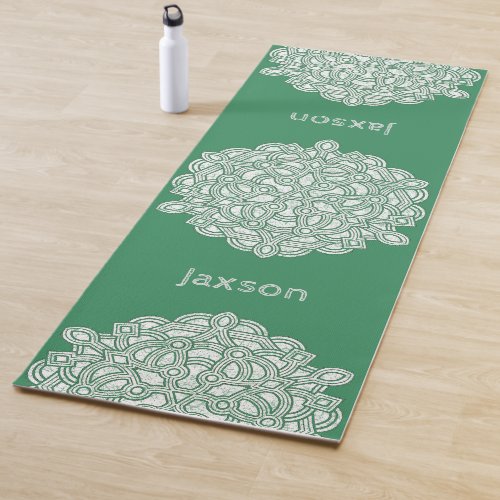 Personalized Green  White Batik Geometric Design Yoga Mat