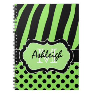 Personalized Green White Black Striped Polka Dots Notebook