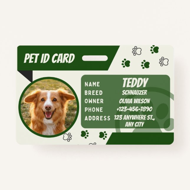Personalized Green White Dog Card Photo ID Badge (Front)