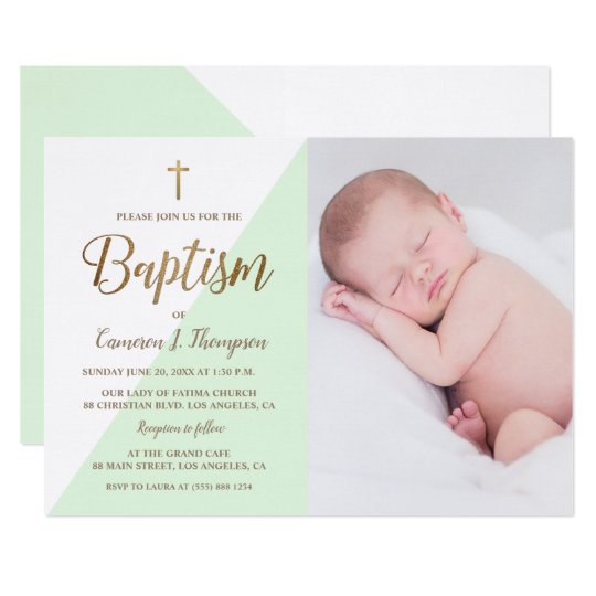 Personalized Green White Gold Baptism baby photo Invitation | Zazzle.com