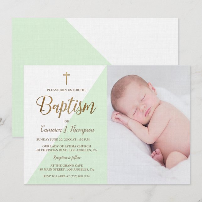 Personalized Green White Gold Baptism baby photo Invitation (Front/Back)