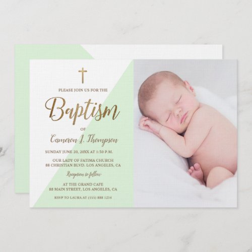 Personalized Green White Gold Baptism baby photo Invitation