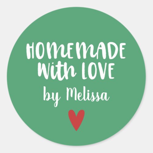 Personalized Green White Homemade With Love Classic Round Sticker