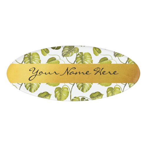 Personalized Green  White Monstera Palm Leaves Name Tag