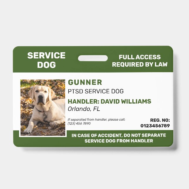 Personalized Green White Service Dog Photo Badge (Front)