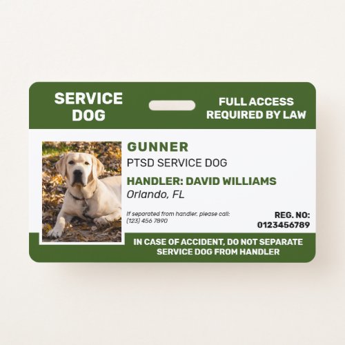 Personalized Green White Service Dog Photo Badge