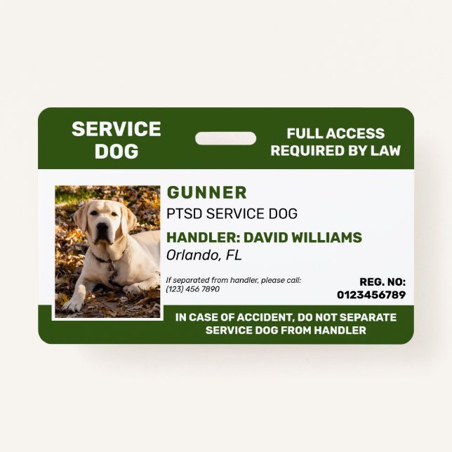 Personalized Green White Service Dog Photo Badge (Front)