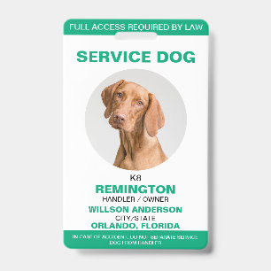 Personalized green White Service Dog Photo ID Badge