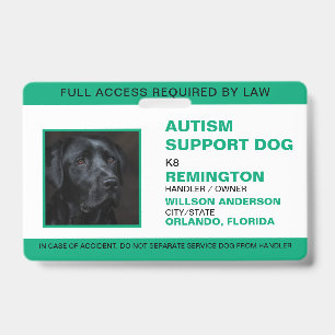 Personalized green White Service Dog Photo ID Badge
