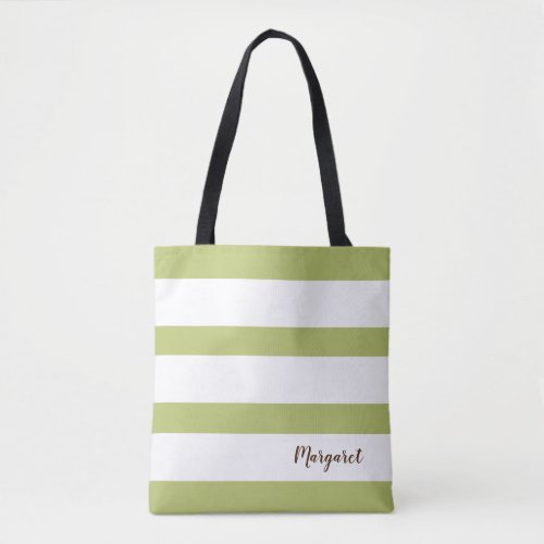 Personalized Green  White Striped  Tote Bag