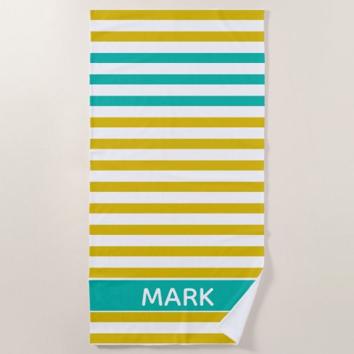 Personalized Green Yellow And White Multi Stripe Beach Towel