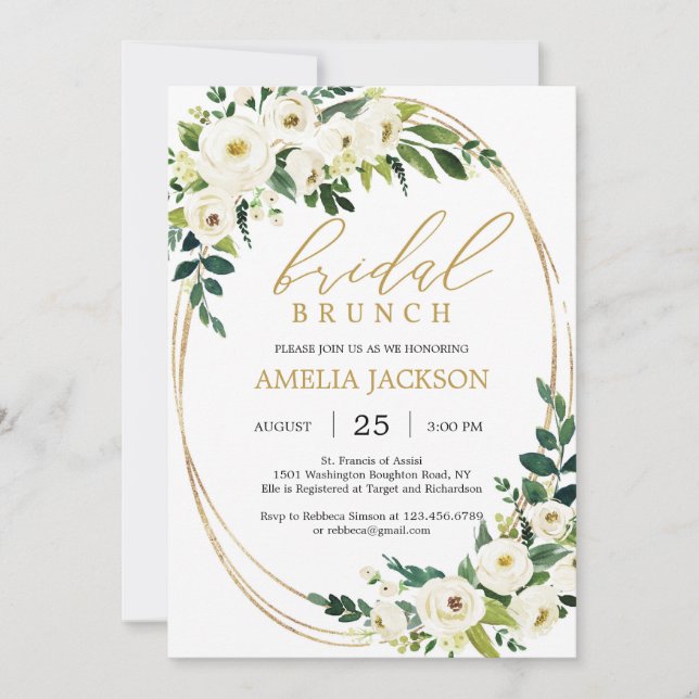 Personalized greenery and gold bridal brunch invitation (Front)