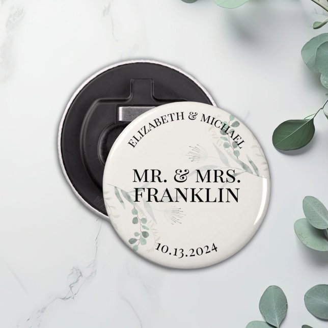 Personalized Greenery Branch Wedding Favor Button Bottle Opener (Creator Uploaded)