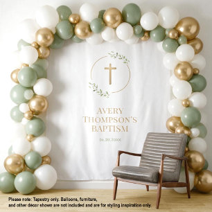 Personalized Greenery Cross Baptism backdrop