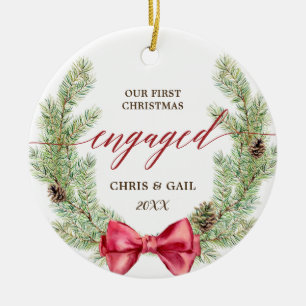 Personalized Greenery First Christmas Engaged Ceramic Ornament