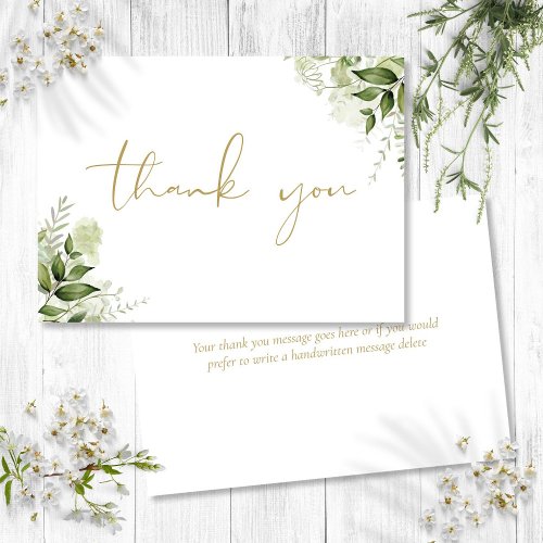 Personalized Greenery Floral Elegant Gold Script Thank You Card