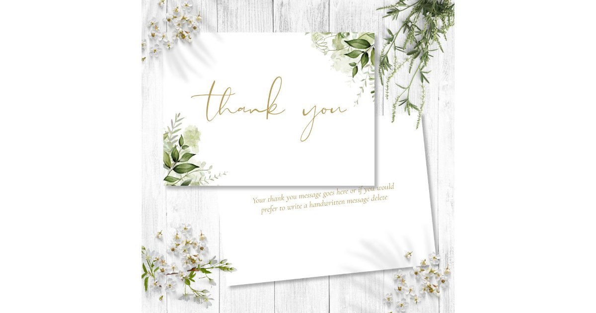 Personalized Greenery Floral Elegant Gold Script Thank You Card | Zazzle
