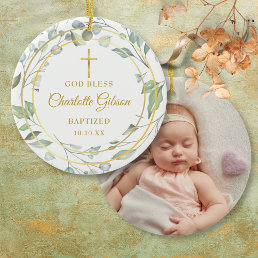 Personalized Greenery Gold Boy Girl Baptism Photo Ceramic Ornament