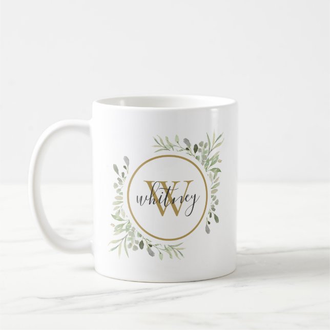 Personalized Greenery Gold Monogram Script Coffee Mug (Left)