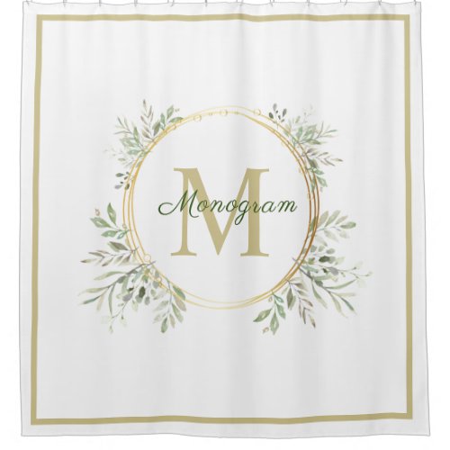 Personalized greenery gold wreath  shower curtain