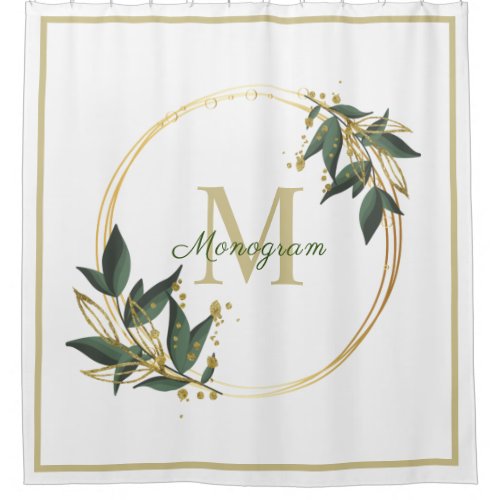 Personalized greenery gold wreath  shower curtain