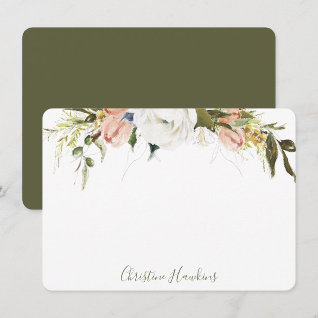 Personalized Greenery Leaves Watercolor Pink Flora Note Card (Front/Back)