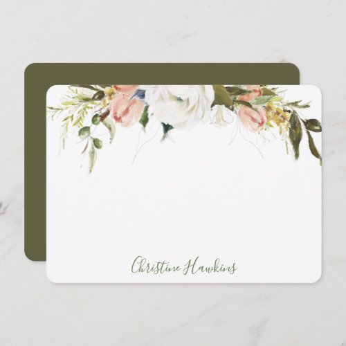 Personalized Greenery Leaves Watercolor Pink Flora Note Card