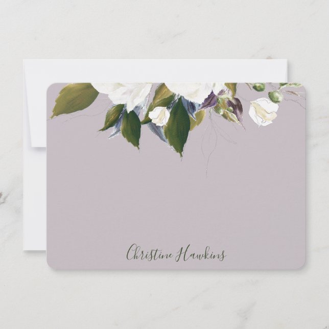 Personalized Greenery Leaves Watercolor Purple Note Card (Front)