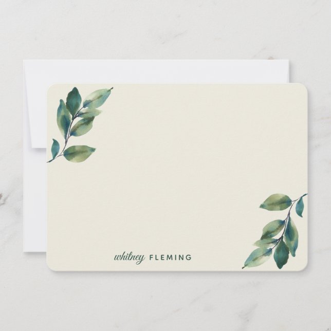 Personalized Greenery Watercolor Sage Green Leaves Note Card (Front)