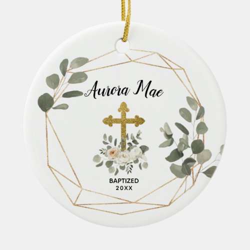 Personalized Greenery White Floral Baptism Ceramic Ornament