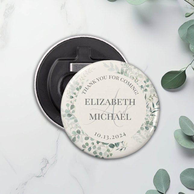 Personalized Greenery Wreath Wedding Favor Button Bottle Opener (Creator Uploaded)