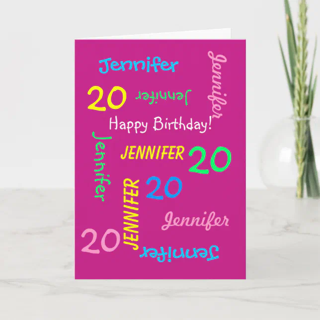 Personalized Greeting Card Name 20th Birthday Pink | Zazzle