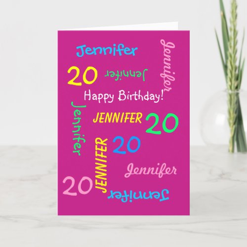 Personalized Greeting Card Name 20th Birthday Pink