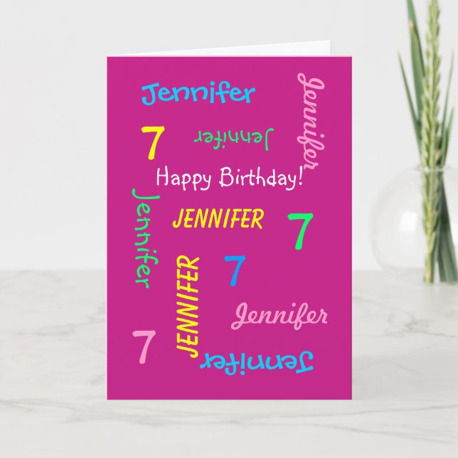Personalized Greeting Card Name, 7th Birthday Pink (Front)