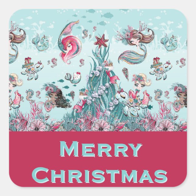Personalized Greetings Mermaid and Friends Square Sticker (Front)