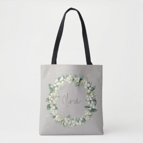 Personalized Greige SnowberryEucalyptus Wedding Tote Bag
