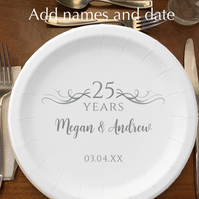 Personalized Grey 25th Wedding Anniversary Party Paper Plates (Elegant personalized silver 25th wedding anniversary party paper plates.
)