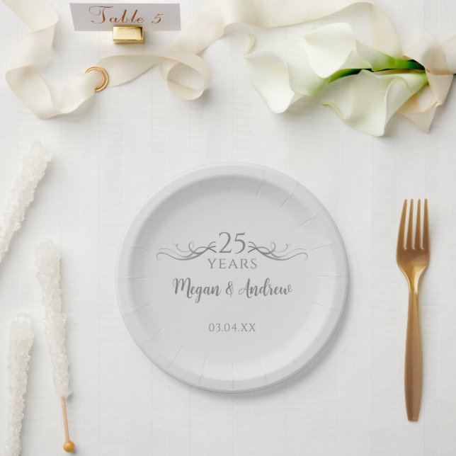 Personalized Grey 25th Wedding Anniversary Party Paper Plates (Wedding)