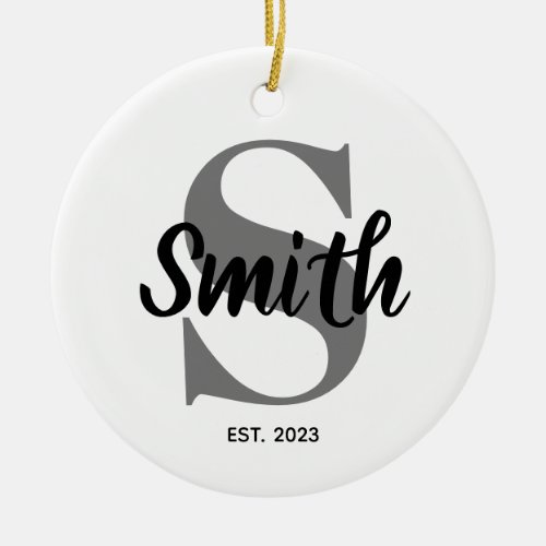 Personalized Grey and Black Family Monogram Photo Ceramic Ornament