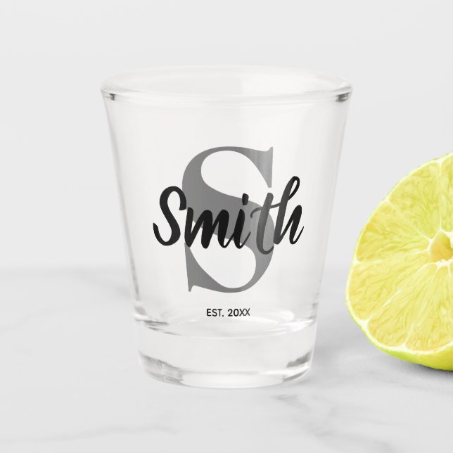 Personalized Grey and Black Family Monogram Shot Glass (Front)